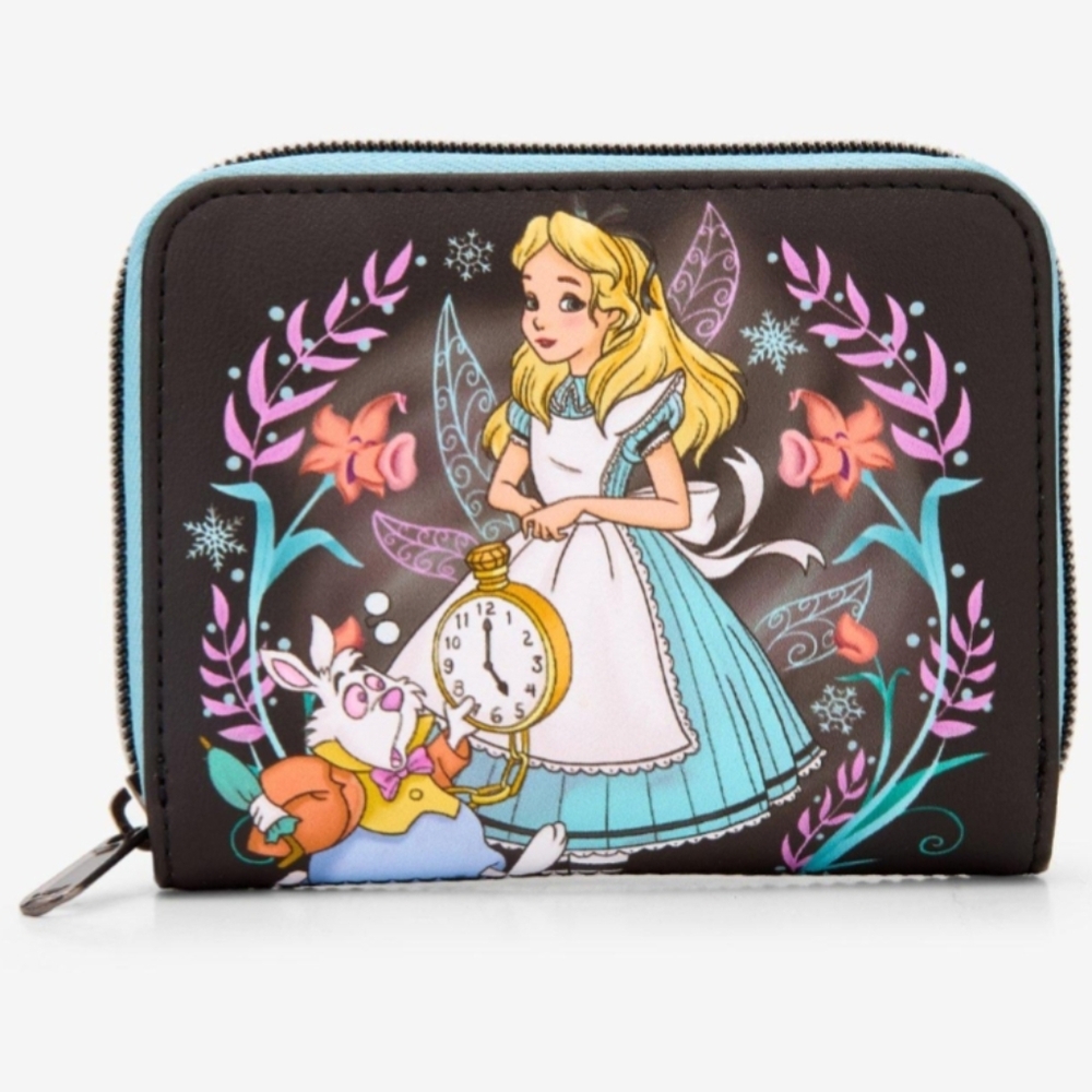 Disney Loungefly Alice In Wonderland Winter Drawing Zip Wallet White Rabbit New!